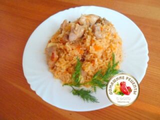 Плов с курицей на тарелке с укропом